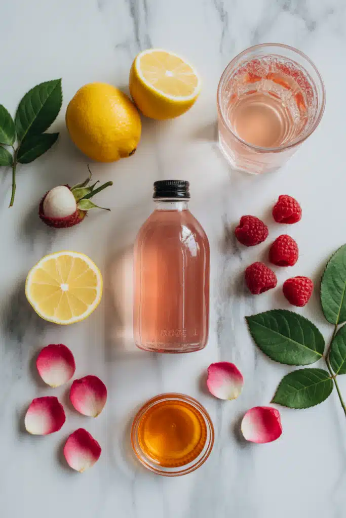 Rose mocktail ingredients on marble surface