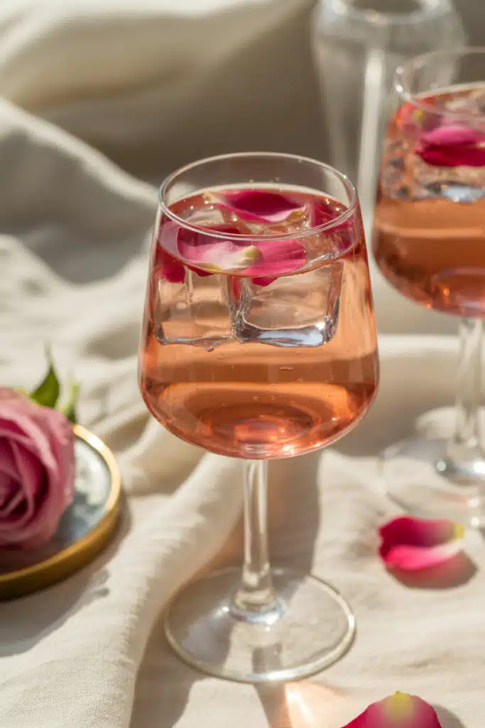 Elegant rose mocktail garnished with edible petals