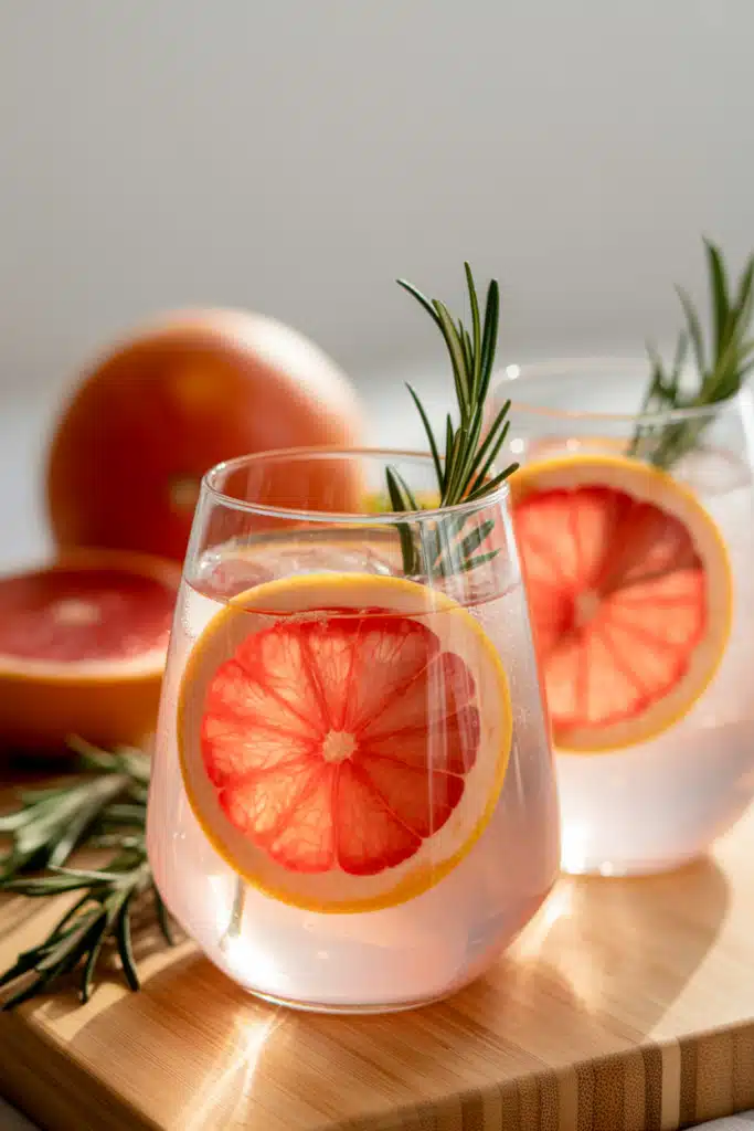 Rosemary grapefruit mocktail with fresh rosemary and grapefruit wedge