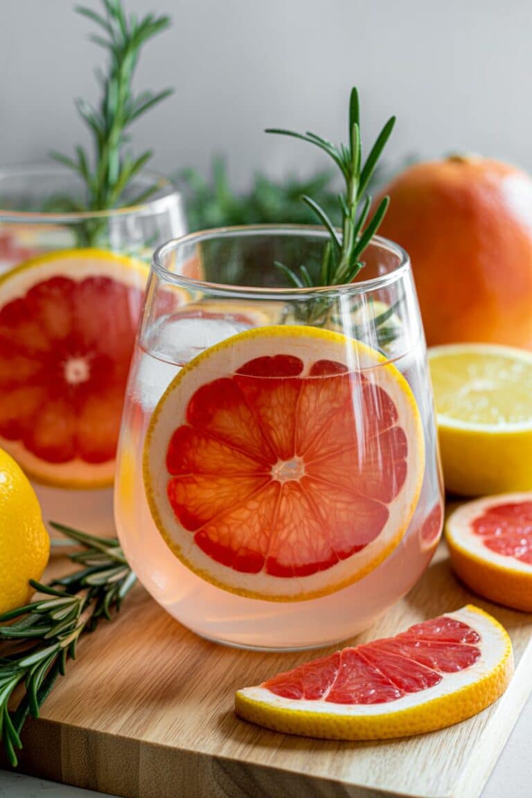 Rosemary grapefruit mocktail with fresh rosemary and grapefruit wedge