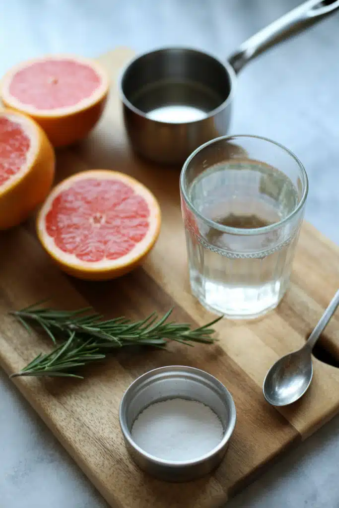 Ingredients for rosemary grapefruit mocktail laid on wooden board