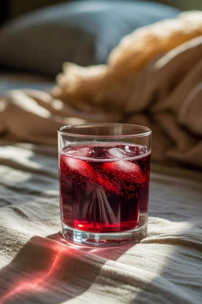 Close-up of Sleepy Girl Mocktail in glass with cherry and fizz