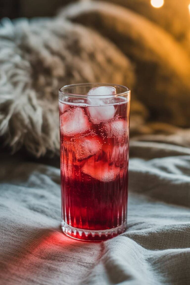 Close-up of Sleepy Girl Mocktail in glass with cherry and fizz