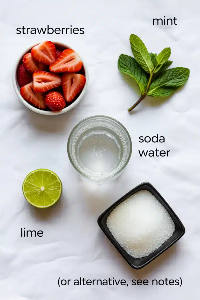 Strawberry Mocktail ingredients arranged on a rustic table