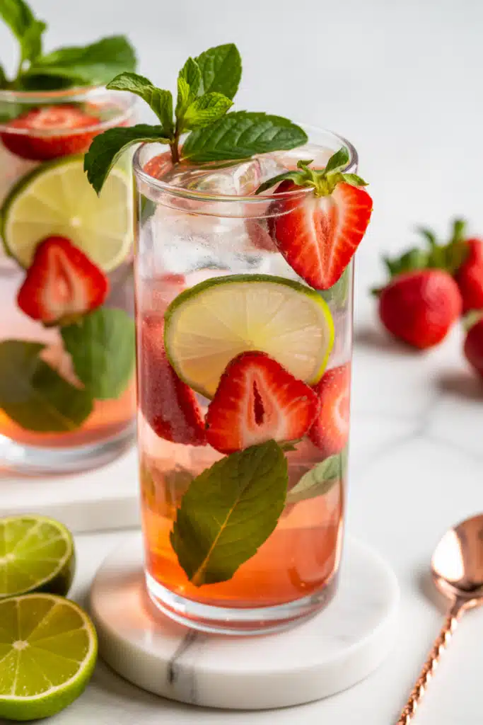 Close-up of a Strawberry Mocktail with strawberry and mint garnish