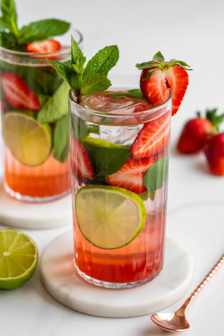Close-up of a Strawberry Mocktail with strawberry and mint garnish