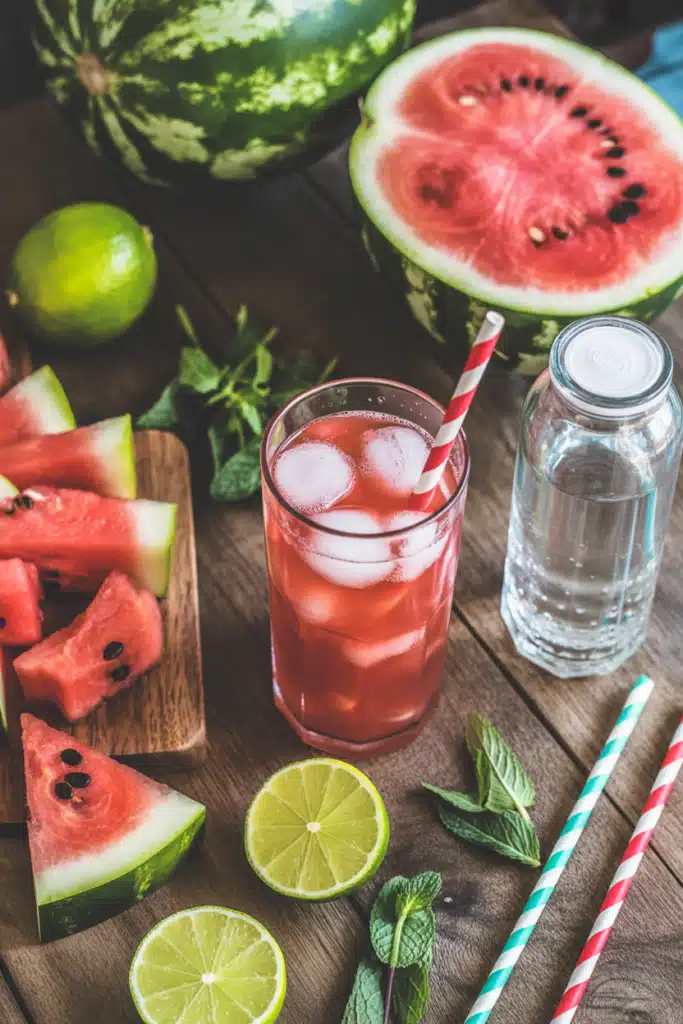 Watermelon Mocktail ingredients styled on rustic table