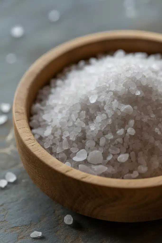 Celtic salt trick using natural coarse sea salt in wooden bowl