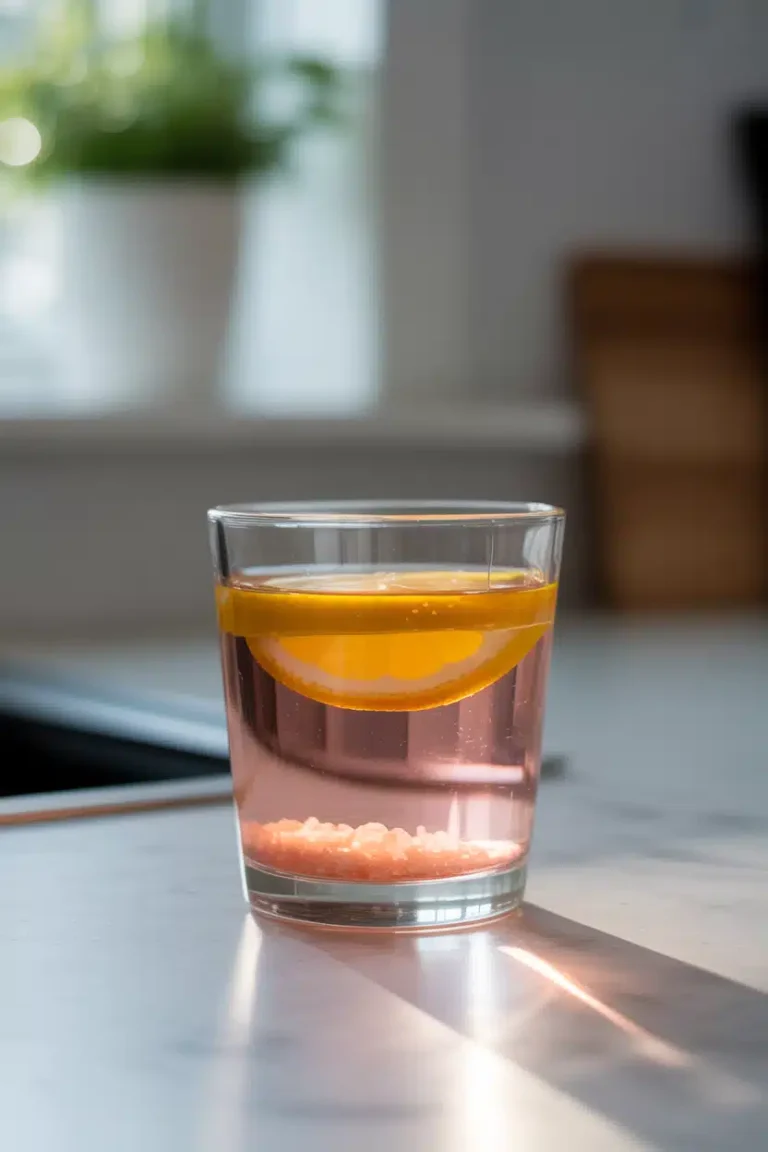 Close-up of pink salt trick recipe morning drink with lemon and apple cider vinegar.