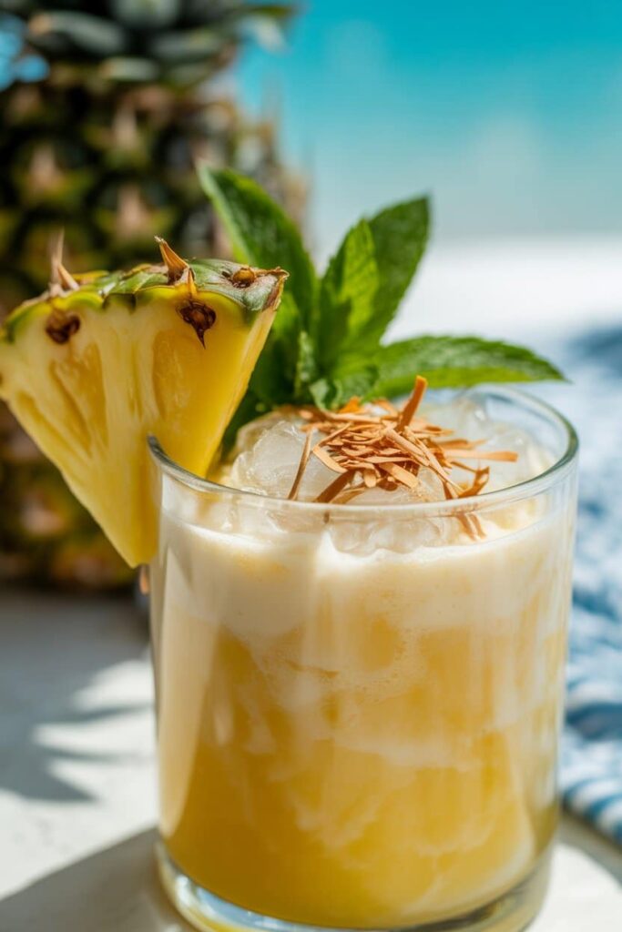 Coconut and pineapple mocktail with mint and pineapple garnish