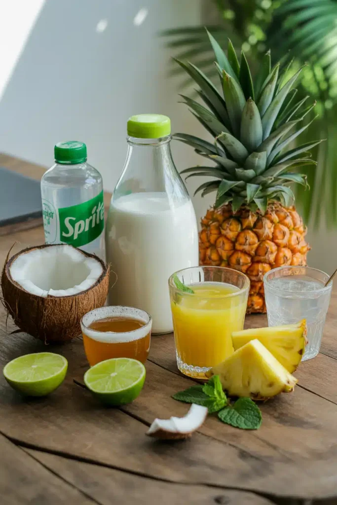 Coconut and pineapple mocktail ingredients on wooden surface