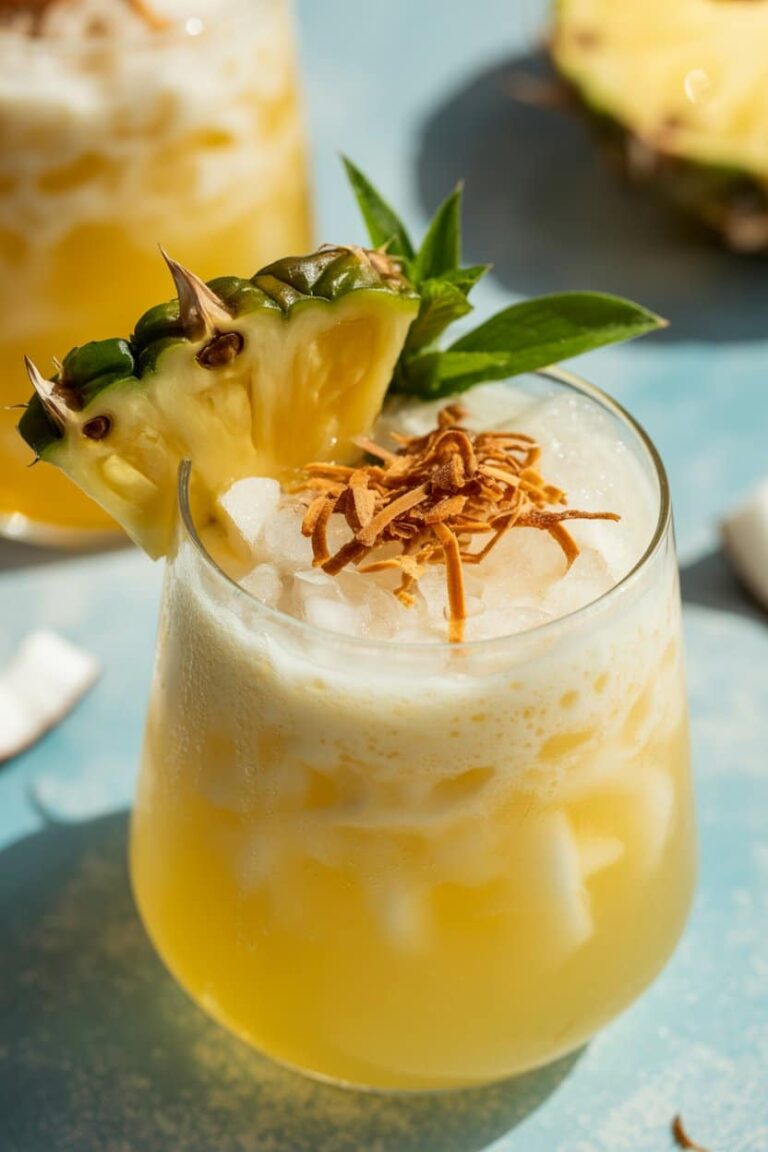 Coconut and pineapple mocktail with mint and pineapple garnish