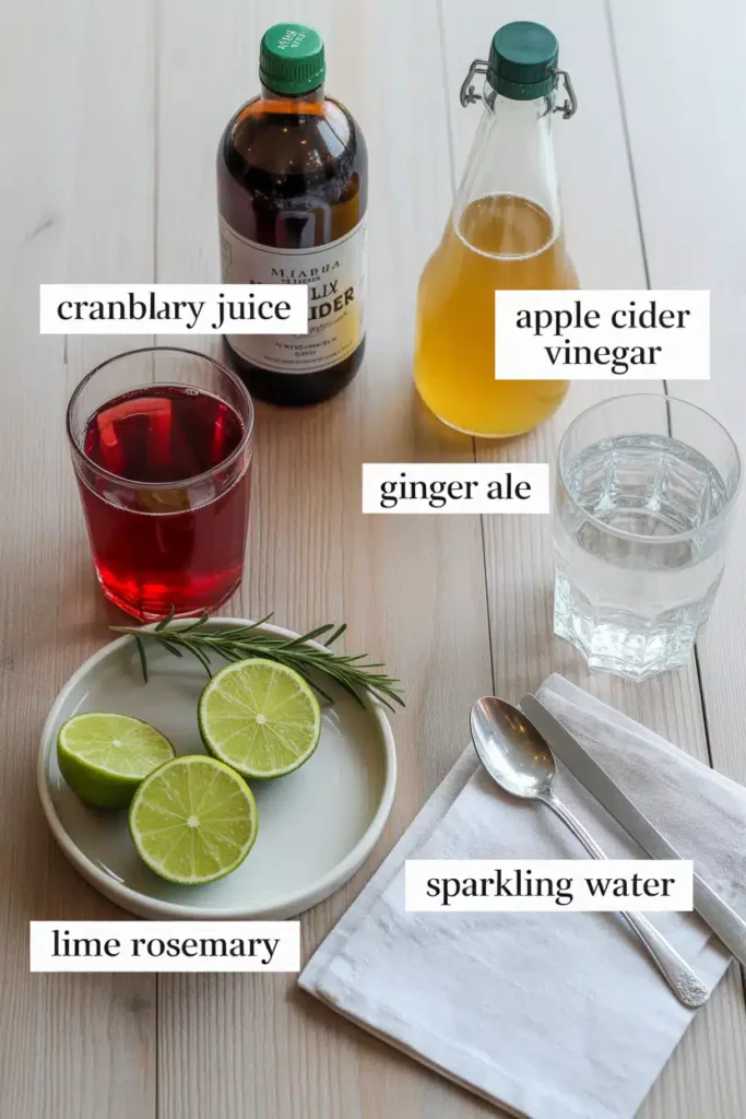 Ingredients for cranberry juice mocktail on wooden table