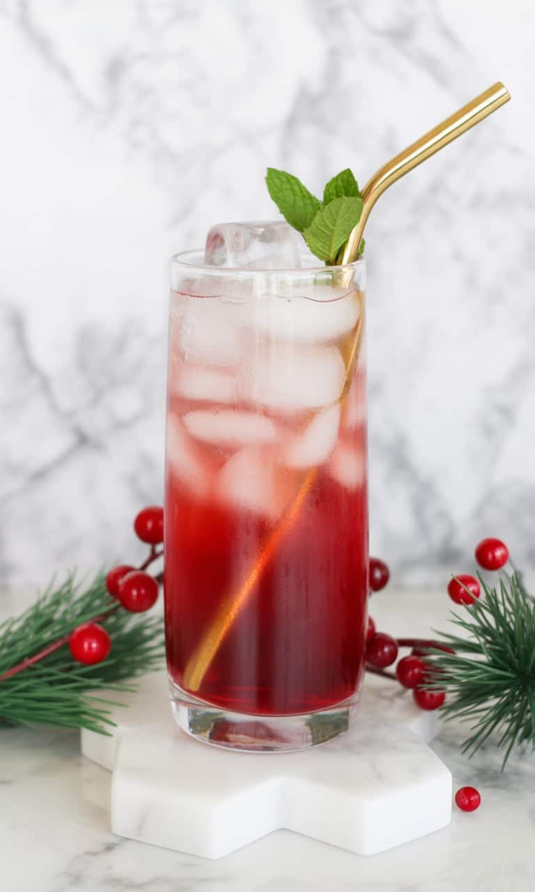 Cranberry juice mocktail in stemmed glass with sugared cranberry garnish