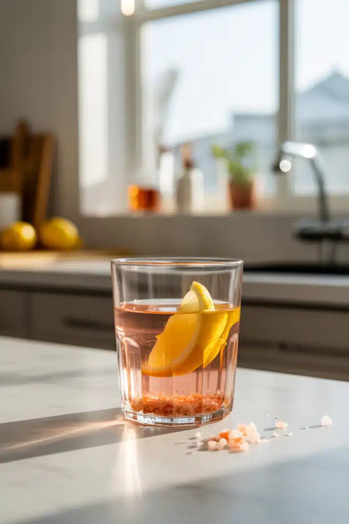Close-up of pink salt trick recipe morning drink with lemon and apple cider vinegar.