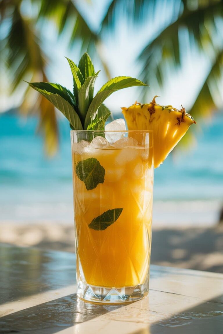 Close-up pineapple juice mocktail with mint and pineapple garnish
