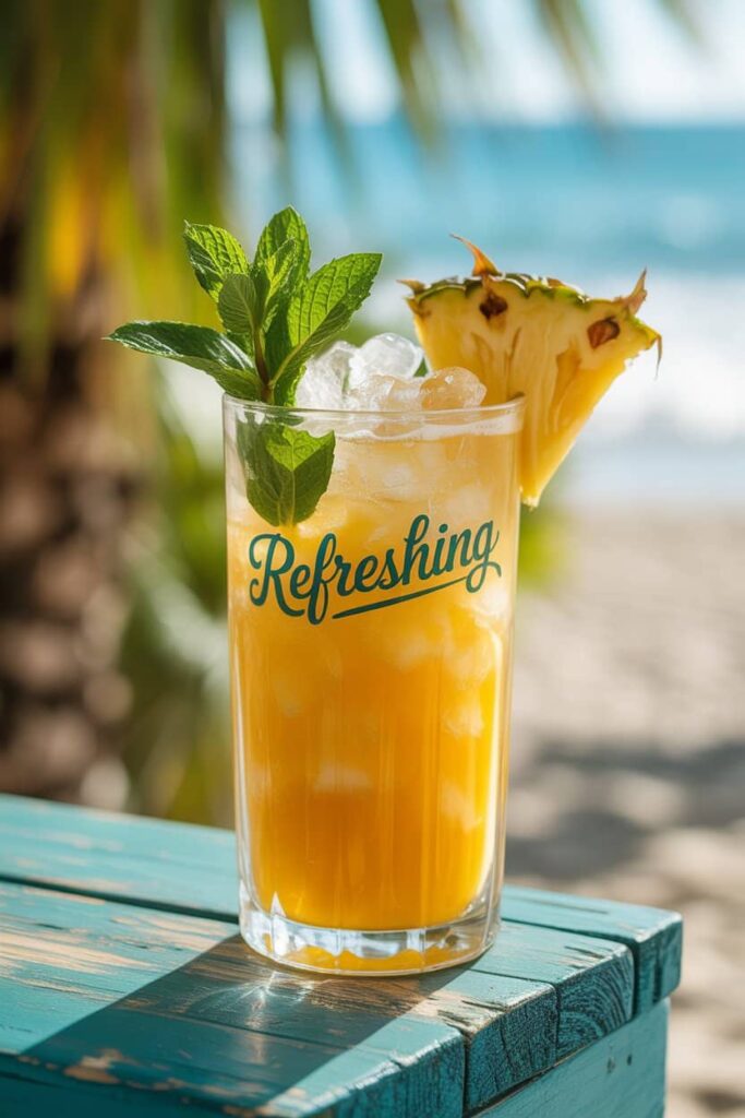 Close-up pineapple juice mocktail with mint and pineapple garnish