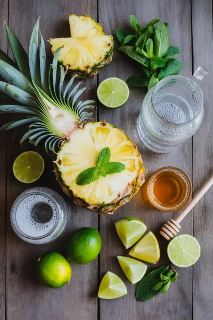 Fresh pineapple mocktail ingredients with citrus, herbs, and sparkling water