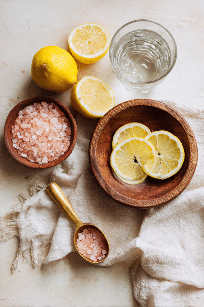 Ingredients for the pink salt water diet including salt, lemon, and warm water