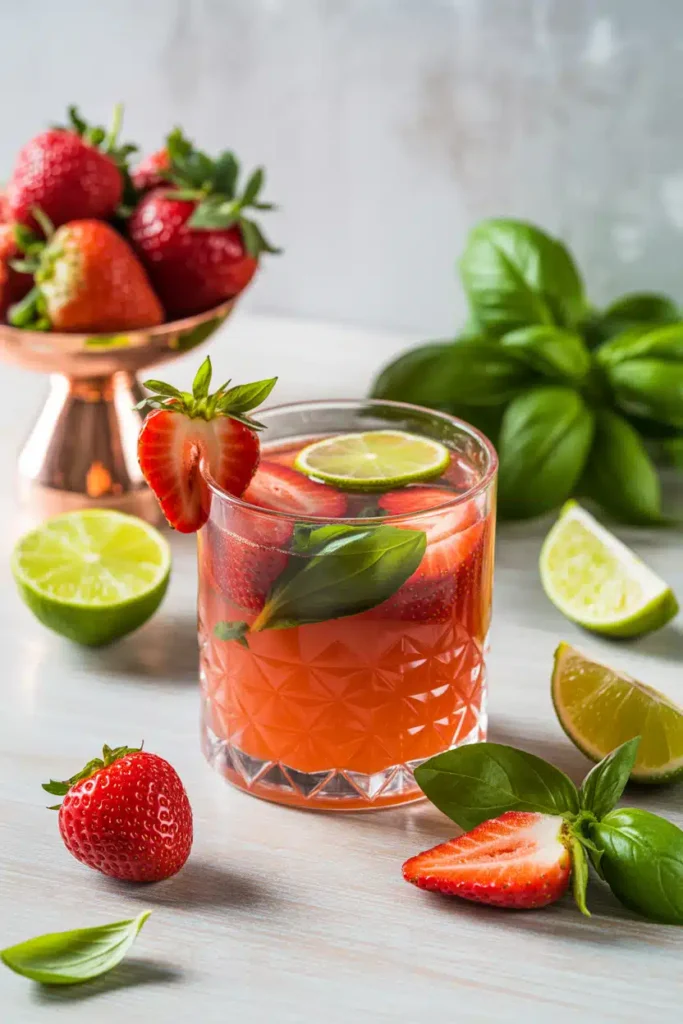 Close-up strawberry basil mocktail with basil garnish