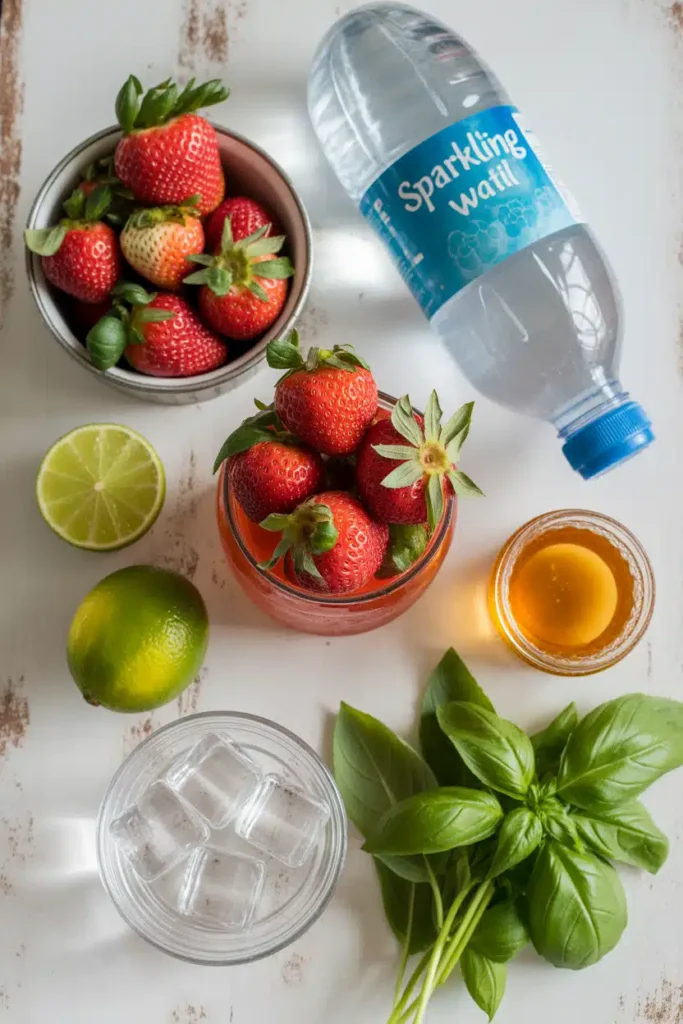 Ingredients for strawberry basil mocktail on a kitchen counter