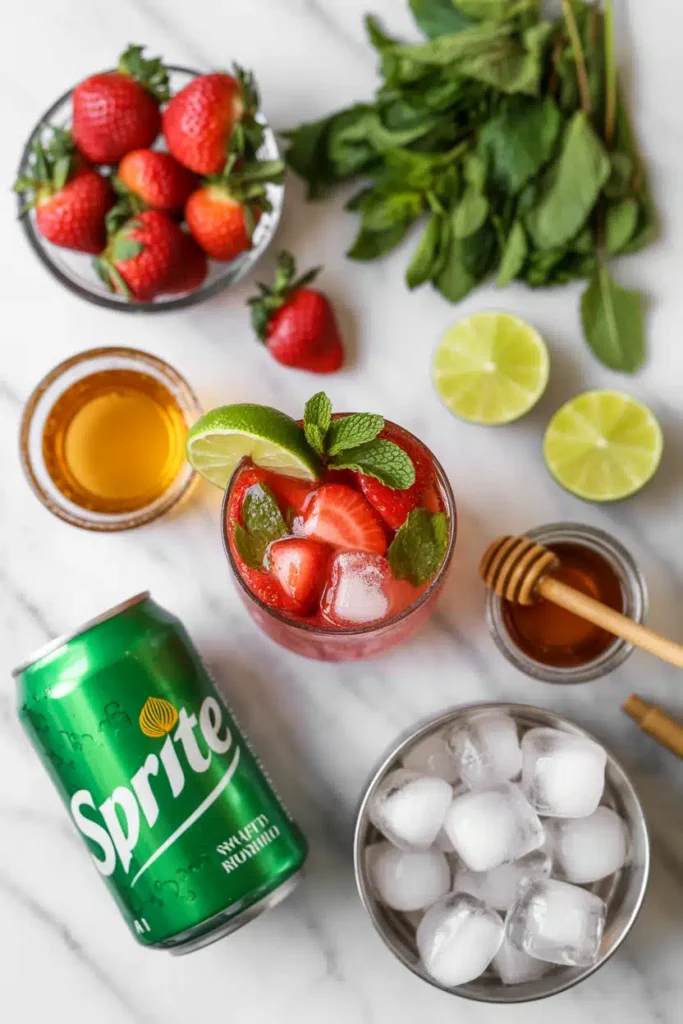 Ingredients for strawberry mojito mocktail including strawberries, mint, and lime