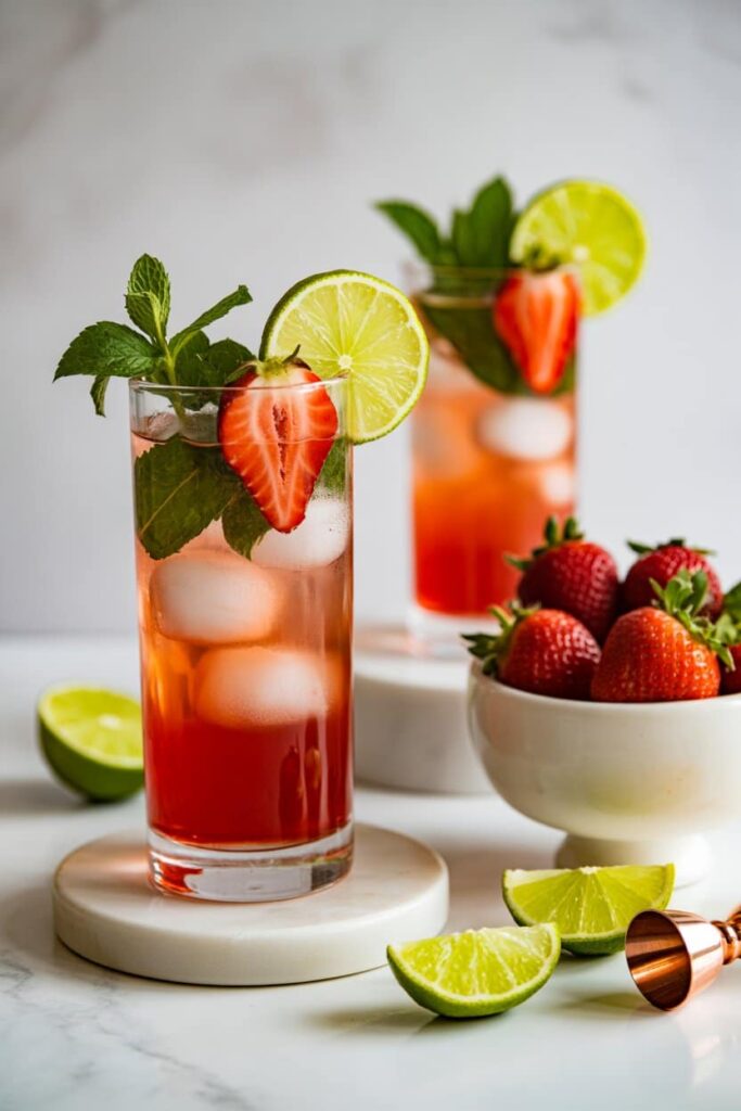Close-up of strawberry mojito mocktail with mint, strawberries, and lime