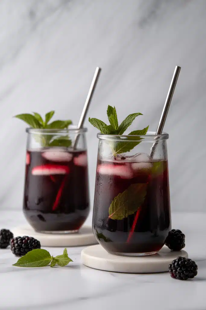 Blackberry mojito mocktail close-up with mint and lime