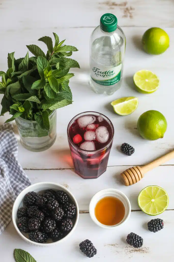 Ingredients for blackberry mojito mocktail on table