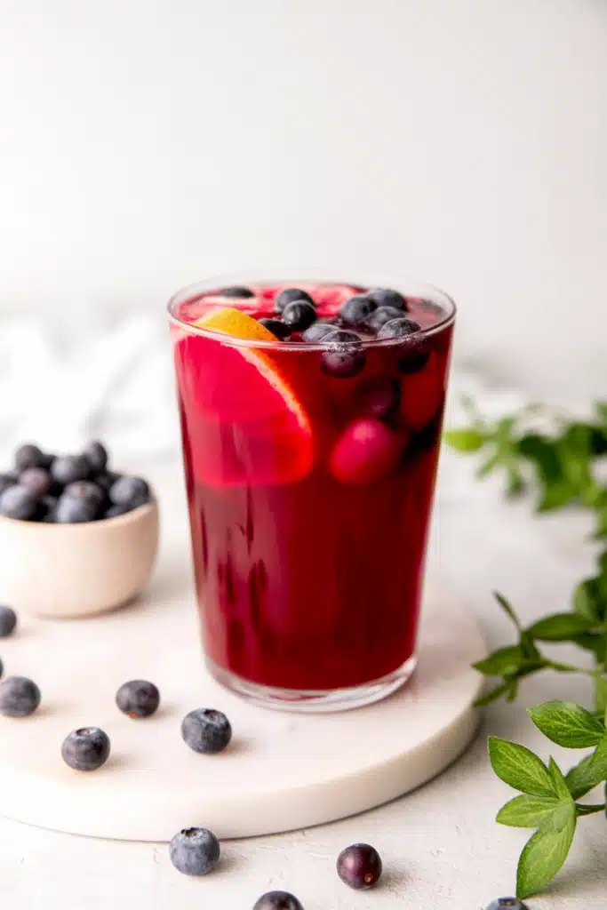 Close-up of blueberry lemonade recipe with lemon slices and blueberries