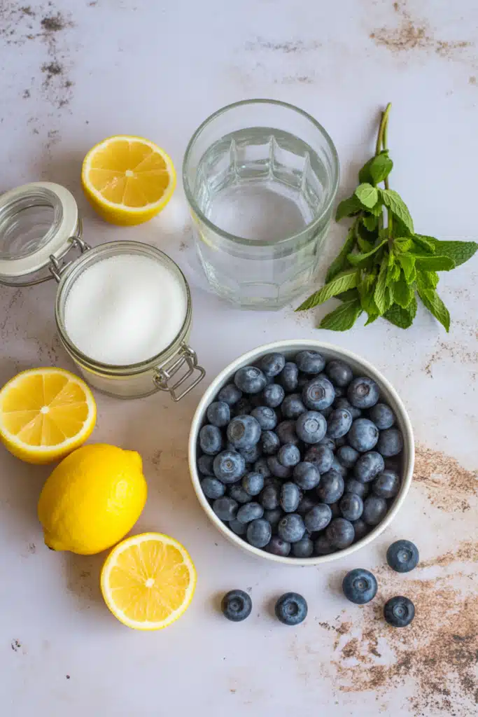 Ingredients for blueberry lemonade recipe with fresh fruit