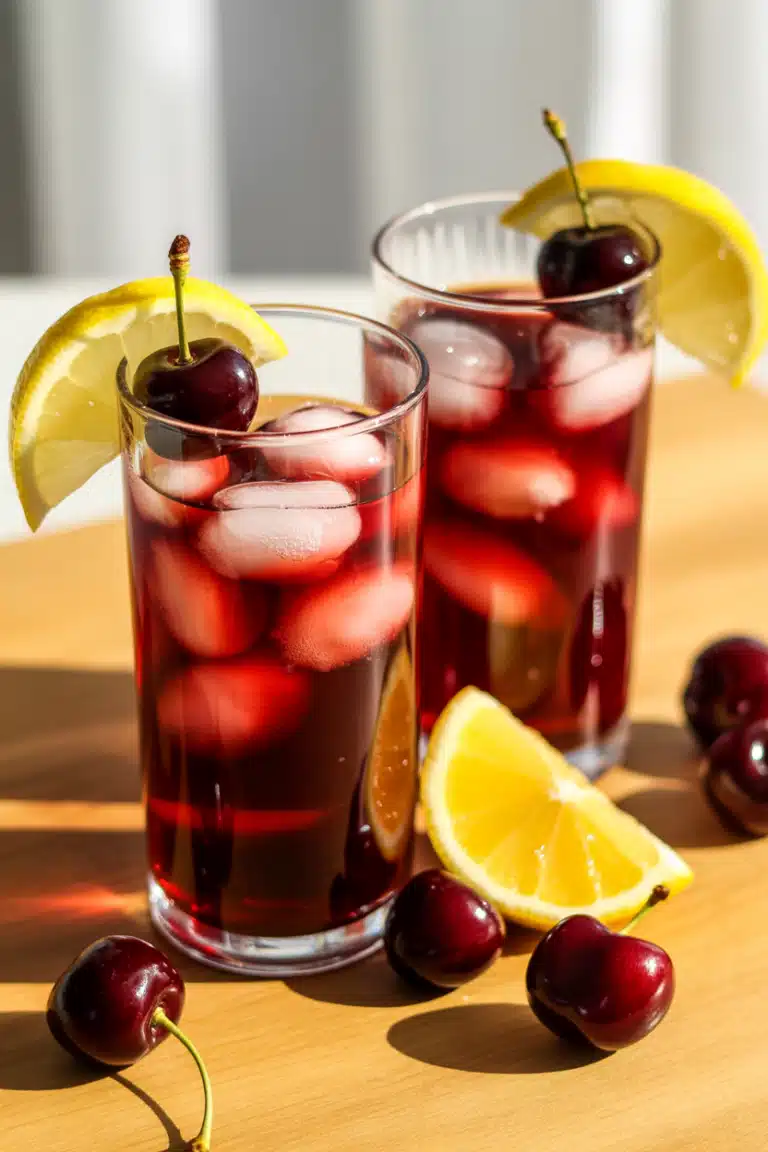 Close-up glass of cherry lemonade with lemon slice and cherries