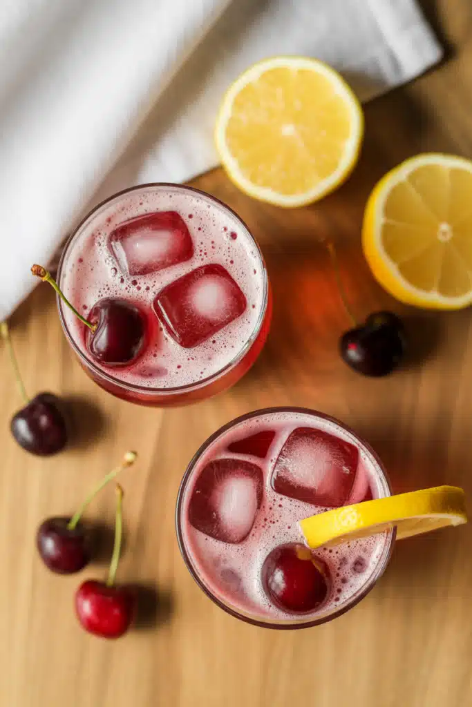 glass of cherry lemonade with lemon slice and cherries