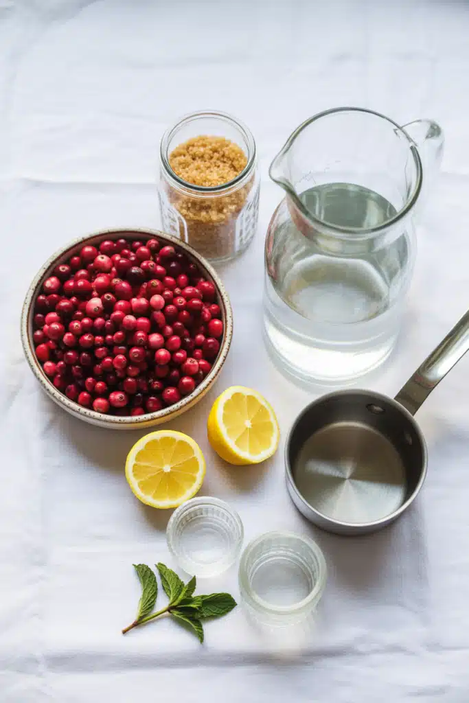 Ingredients for cranberry lemonade on a white background