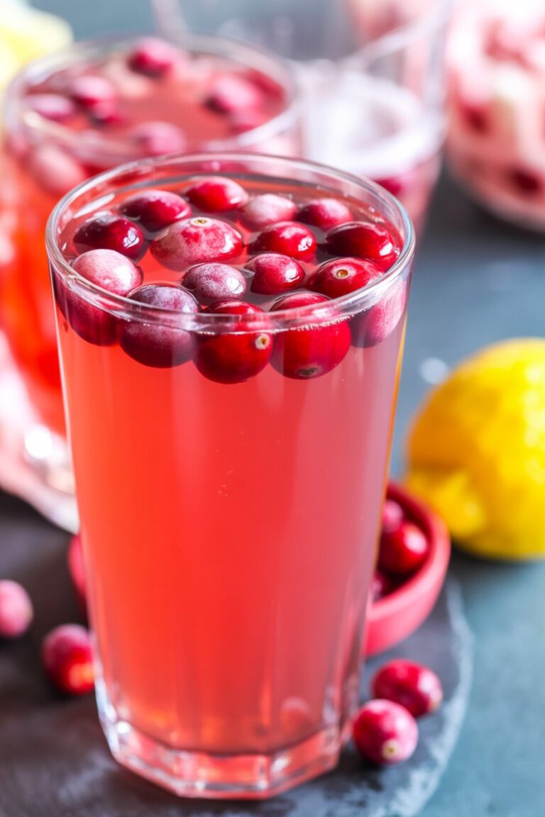 Close-up glass of cranberry lemonade with lemon slice and cranberries