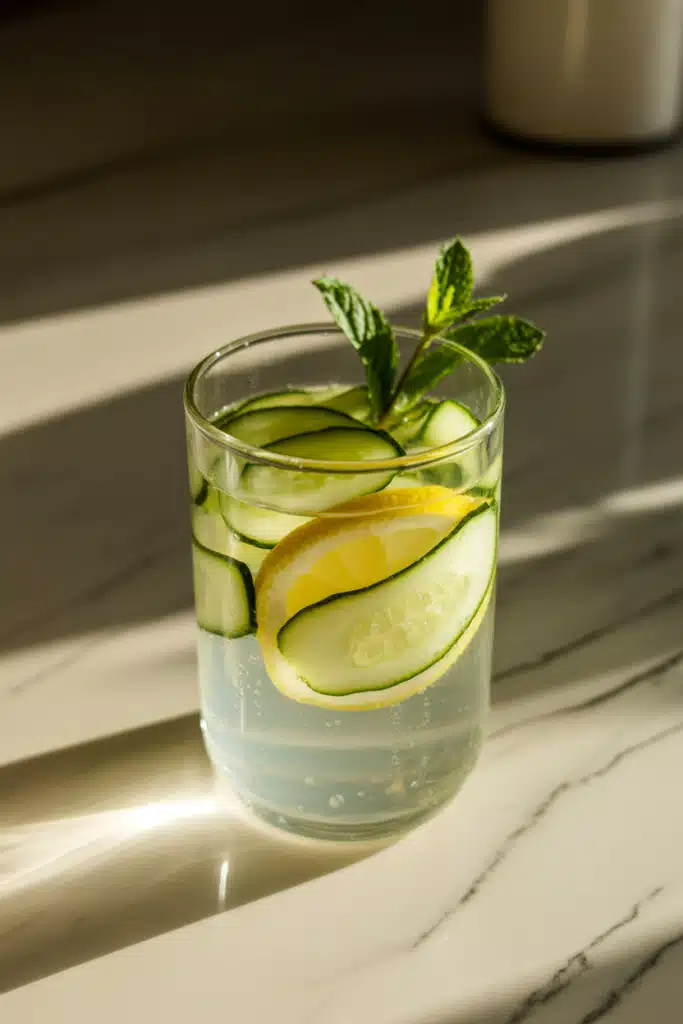 Close-up cucumber lemonade with mint and lemon