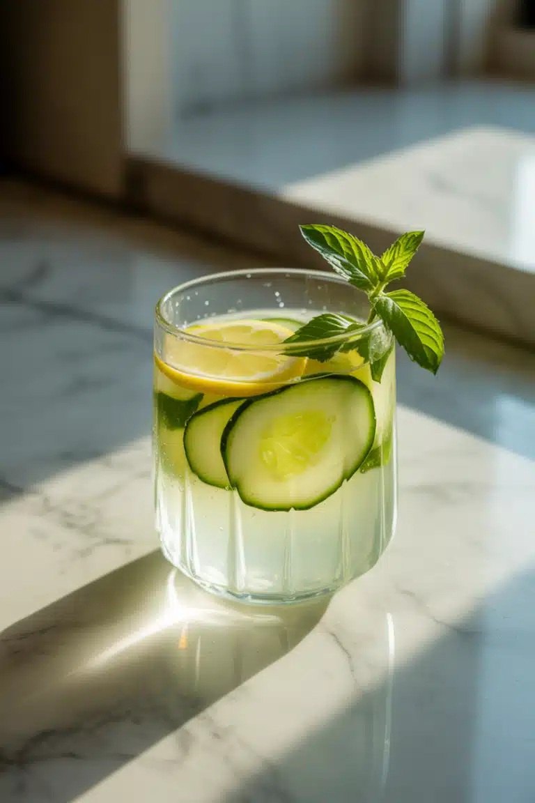Close-up cucumber lemonade with mint and lemon