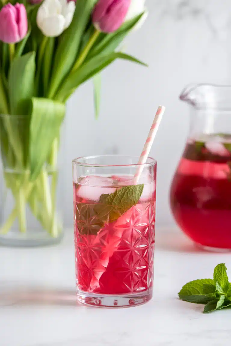 Close-up of dragon fruit lemonade with lemon and mint