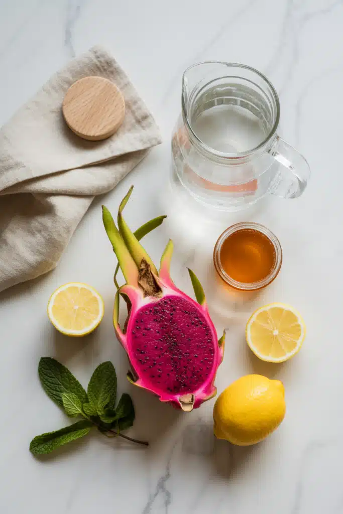 Ingredients for homemade dragon fruit lemonade
