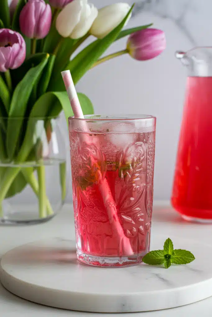 Close-up of dragon fruit lemonade with lemon and mint