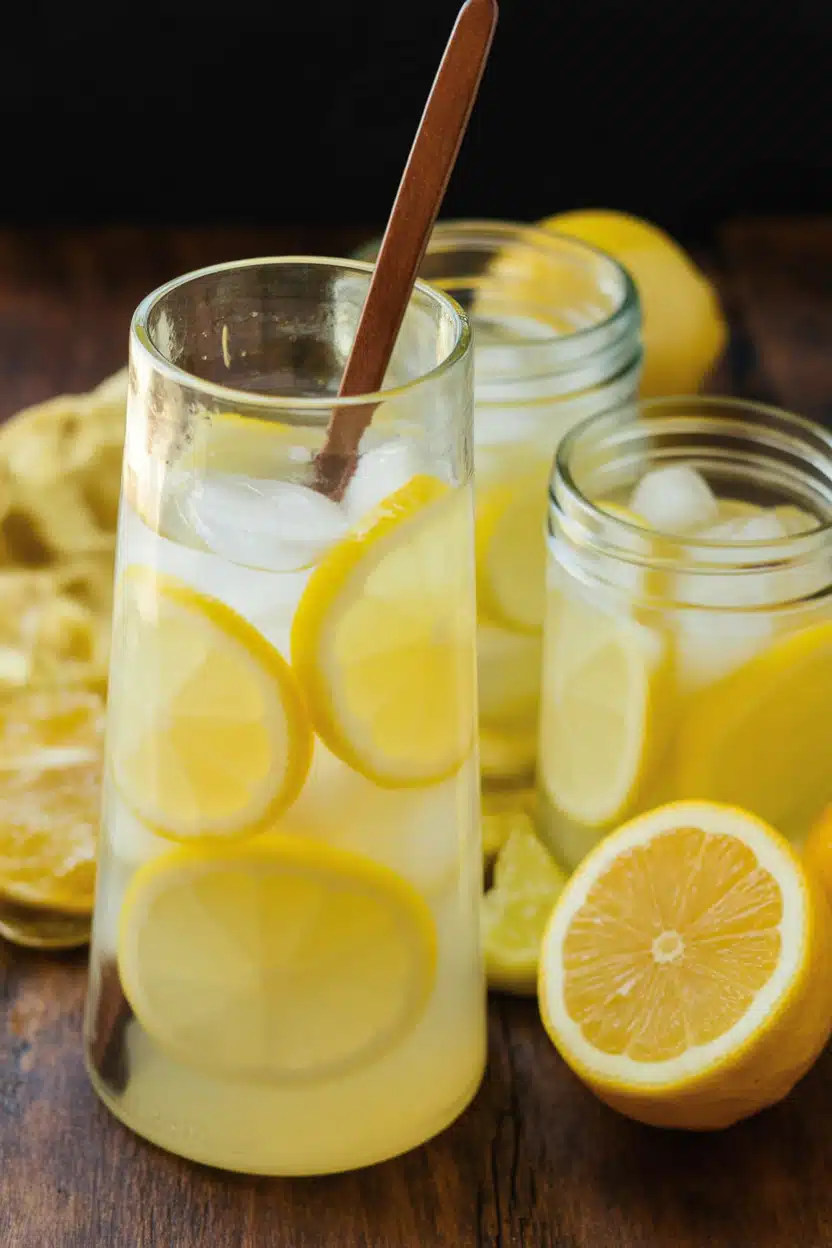 Easy lemonade recipe close-up with fresh lemons, juicer, and glass