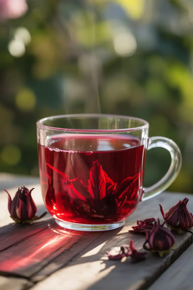 Close-up of hibiscus tea highlighting its deep red color and benefits