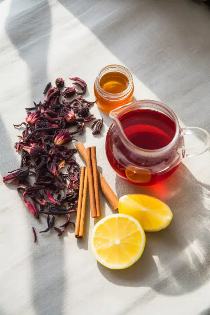 Ingredients for hibiscus tea including petals, cinnamon, and lemon