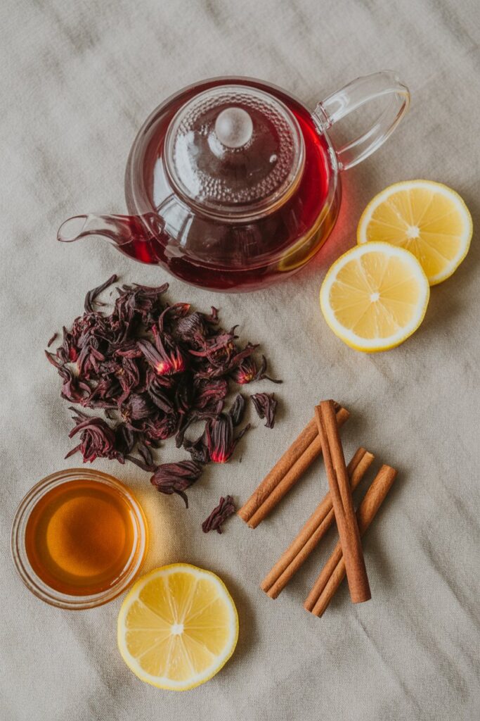 Ingredients for hibiscus tea including petals, cinnamon, and lemon