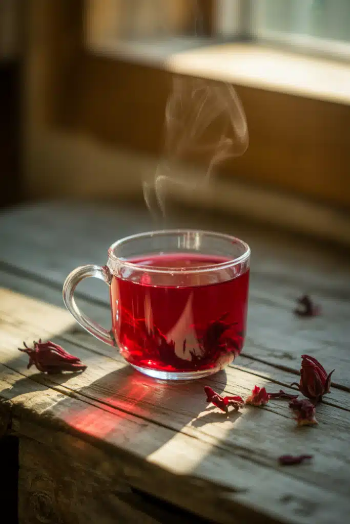 Close-up of hibiscus tea highlighting its deep red color and benefits