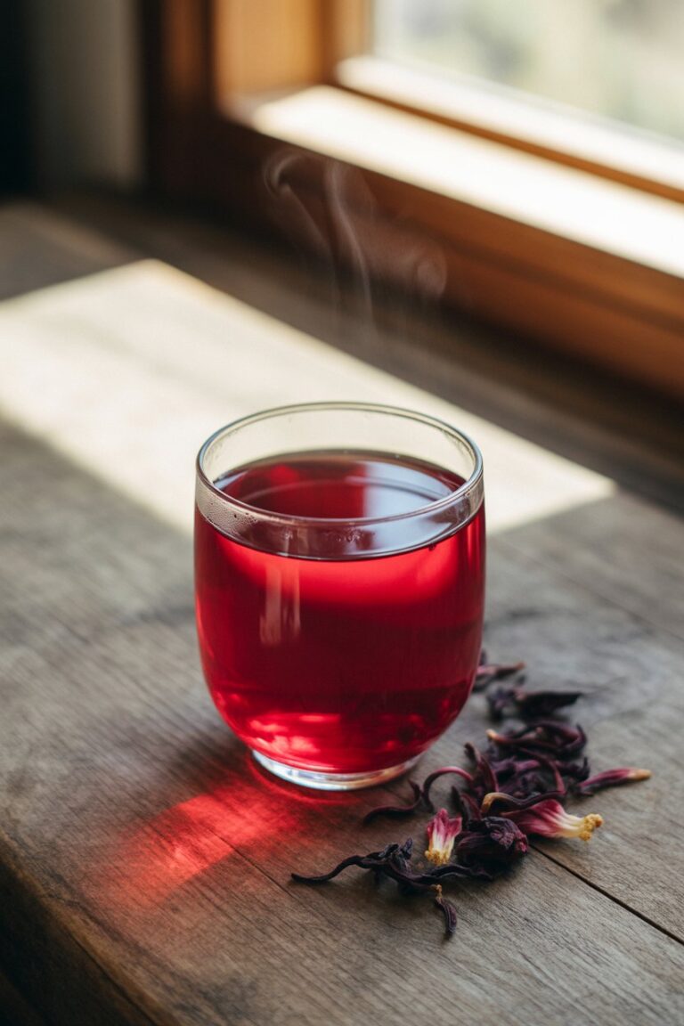 Close-up of hibiscus tea highlighting its deep red color