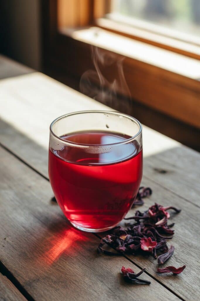 Close-up of hibiscus tea highlighting its deep red color
