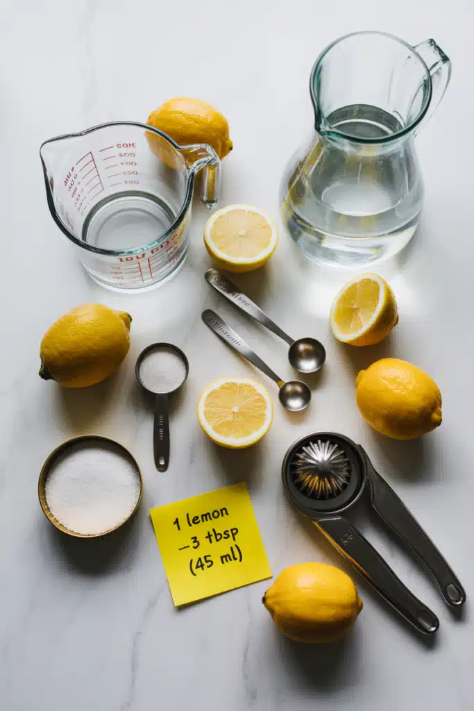How many lemons to make lemonade — lemons, measuring cup, and juicer flat lay