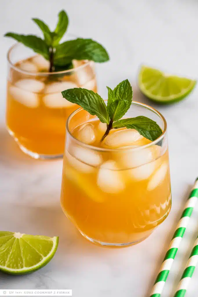 Close-up of mango lemonade with mango and lemon garnish
