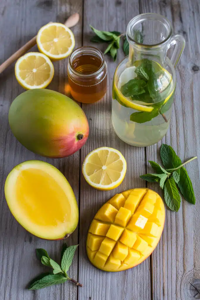 Fresh mango lemonade ingredients including mango, lemon, and mint